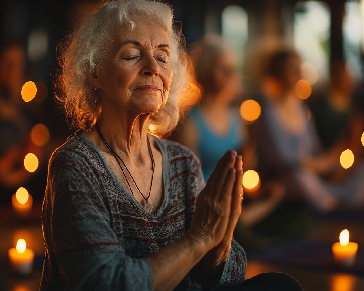 Старша жінка практикує йогу